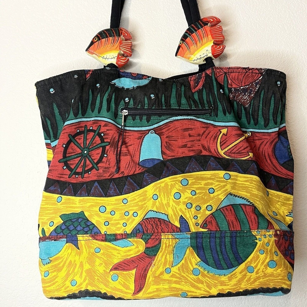 Tiger Colorful Tote Bag With Wooden Fish Accents